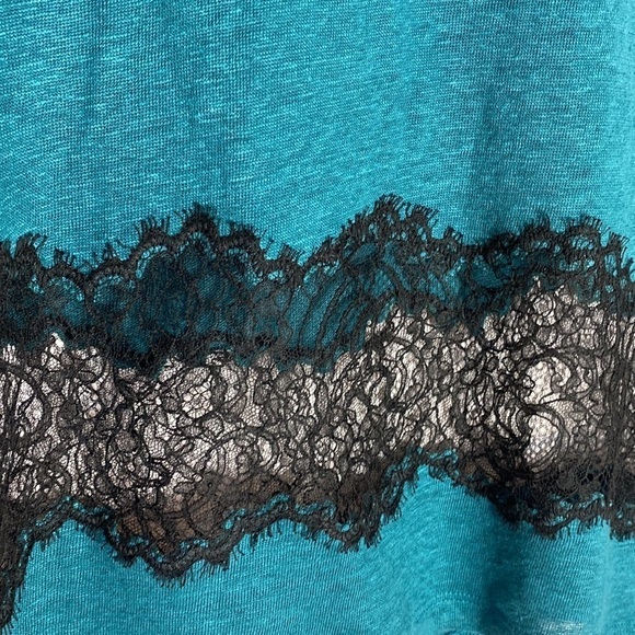 Sandro teal linen black lace inset long sleeve tee - Picture 3 of 8